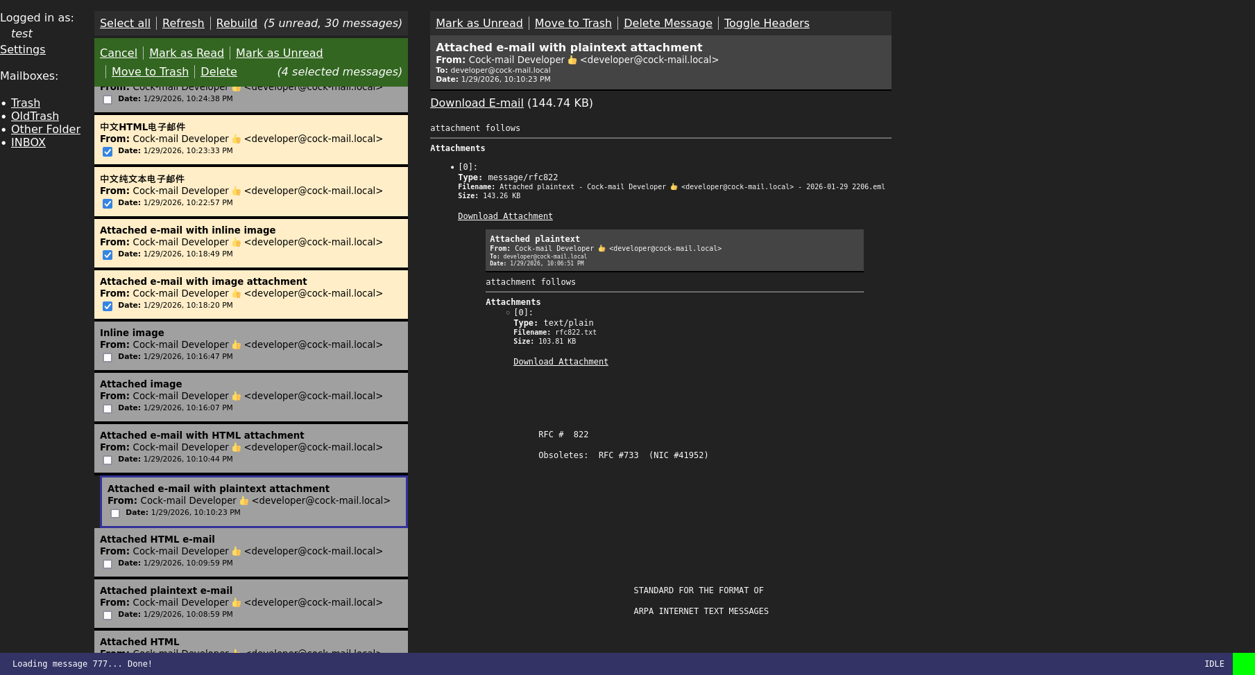 Screenshot: cock-mail showing an e-mail containing another e-mail as an attachment