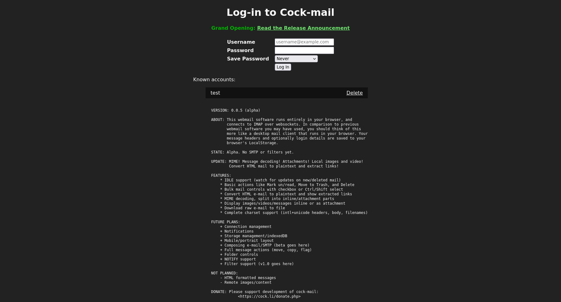 Screenshot: cock-mail login screen