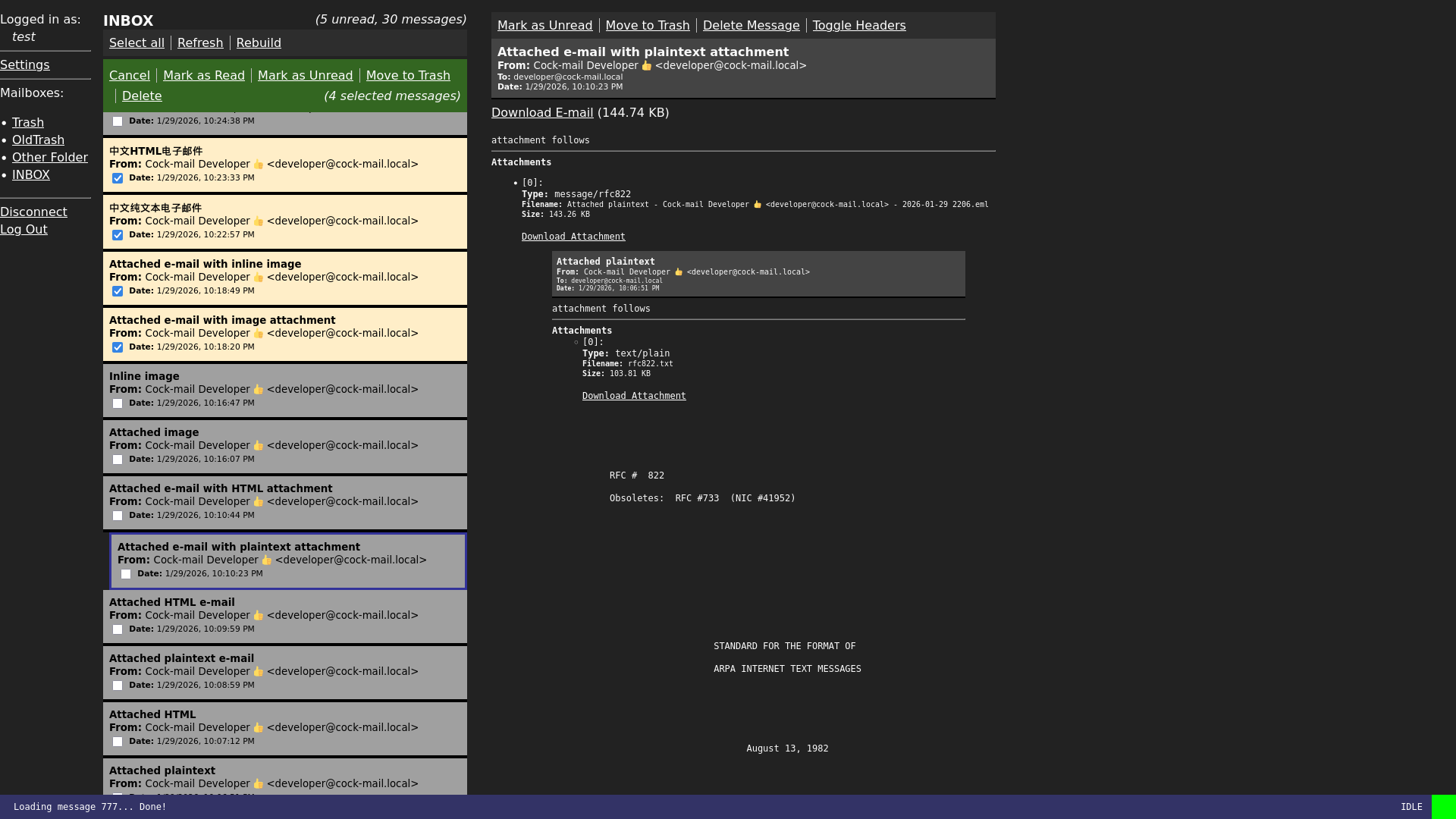 Screenshot: cock-mail showing an e-mail containing another e-mail as an attachment