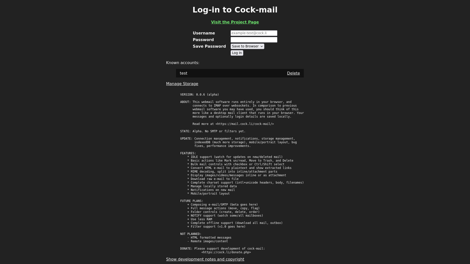 Screenshot: cock-mail login screen