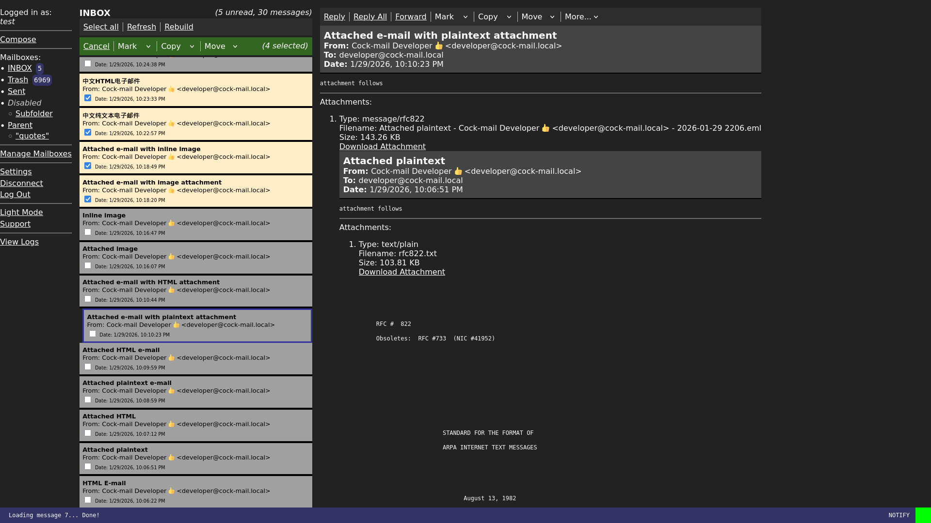 Screenshot: cock-mail showing an e-mail containing another e-mail as an attachment