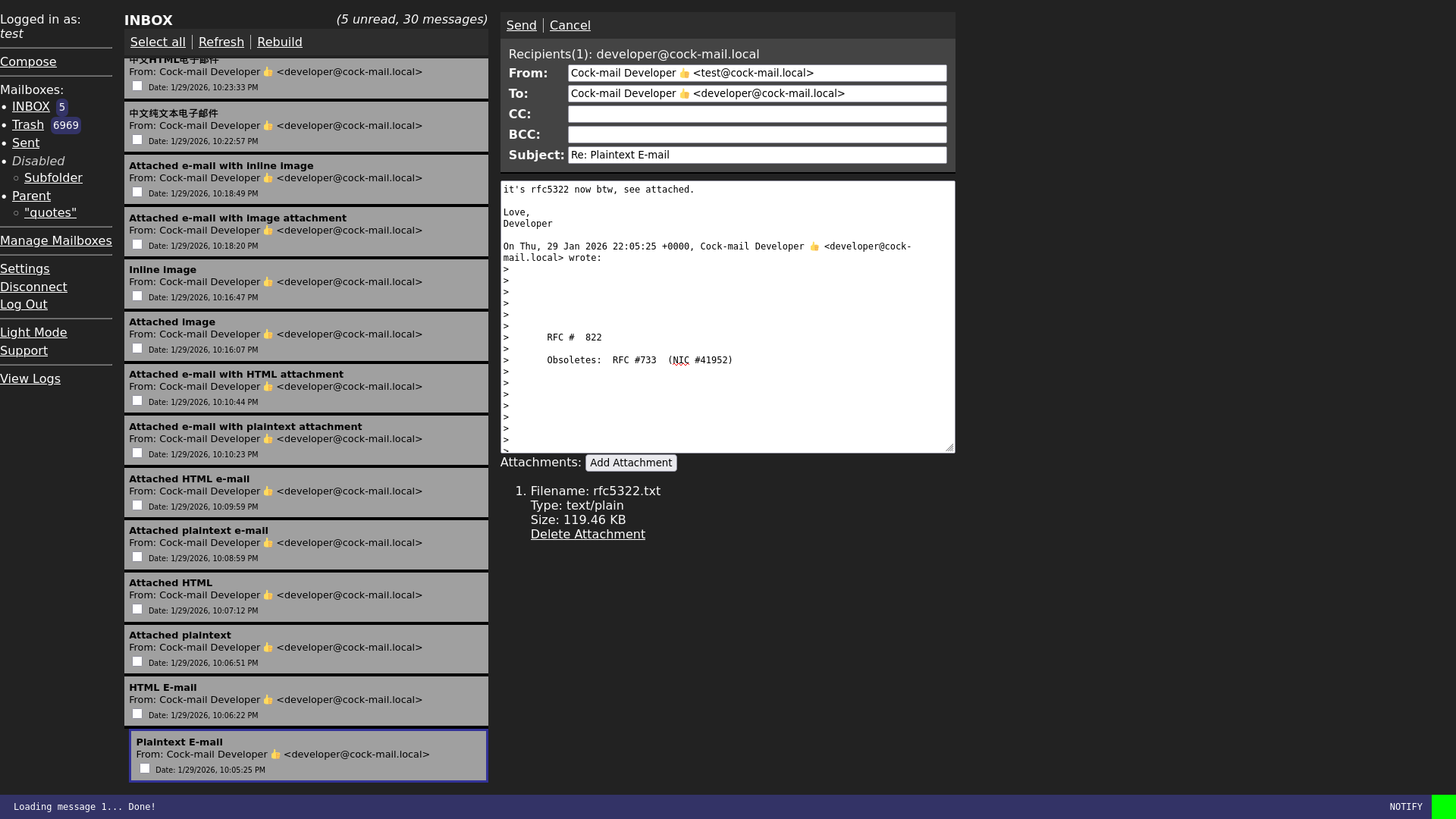 Screenshot: cock-mail showing a message being composed and sent