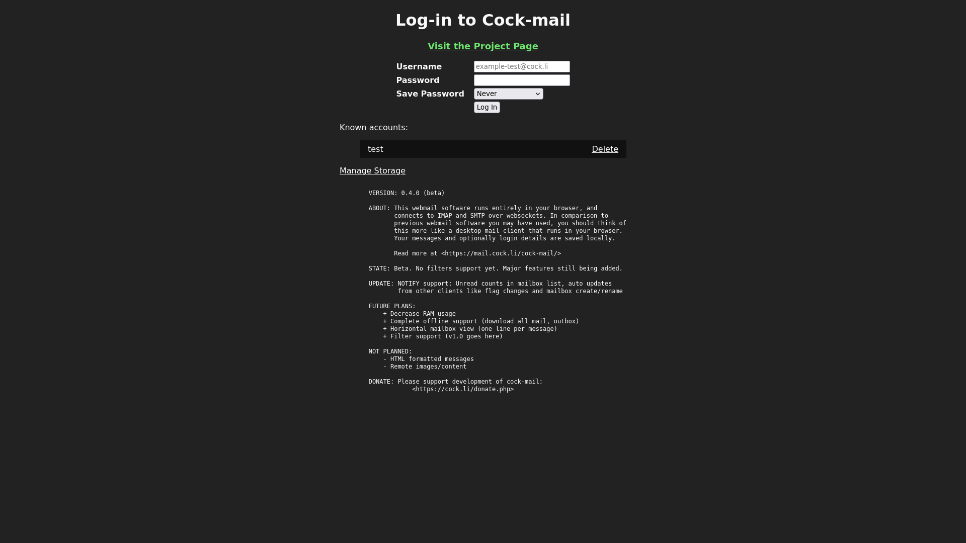 Screenshot: cock-mail login screen
